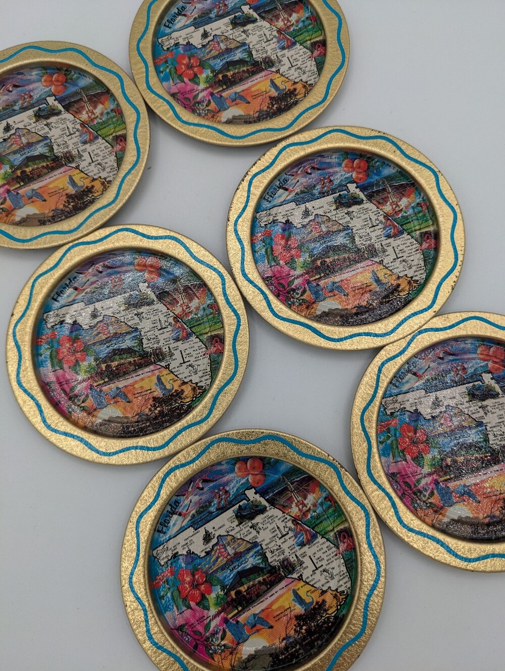 6 Vintage Multicolor Florida Map Souvenir Tin Drink Coasters MCM Mid Century